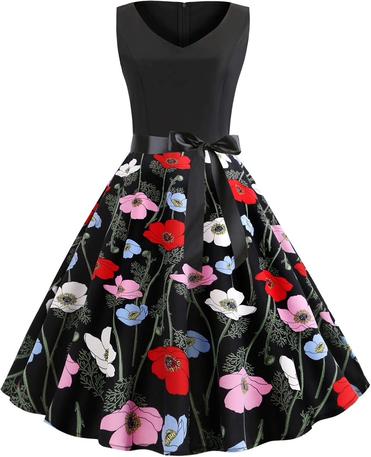 KILLREAL Women's Vintage V-Neck Fit Flared Elegant Flower Floral Patchwork Rockabilly Cocktail 