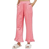 Womens Gingham Pants Y2K Cotton Wide Leg Ruffle Hem Lounge Pants Plaid Print Loose Trouser with Pockets