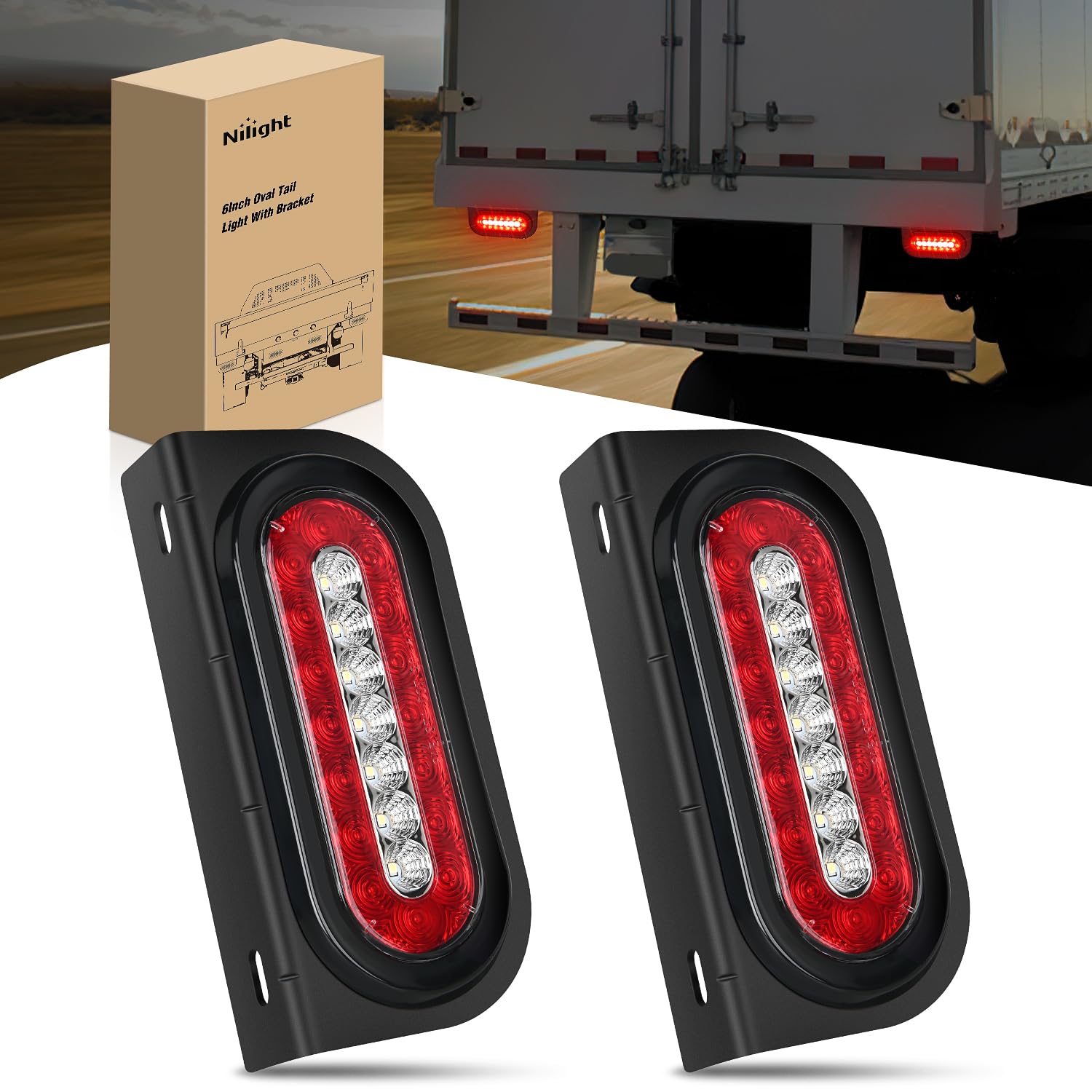 Photo 1 of Nilight 6Inch Oval Trailer Tail Light 2PCS Red Brake Stop Turn White Reverse Back Up Lights with Flush Mount Grommets Plugs Mounting Brackets for RV Truck Luggage Rack