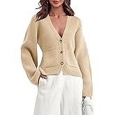 Saodimallsu Womens Button Down Cardigan Sweaters Cropped Deep V Neck Open Front Long Sleeve Fall Knit Sweater Coats Apricot, Small