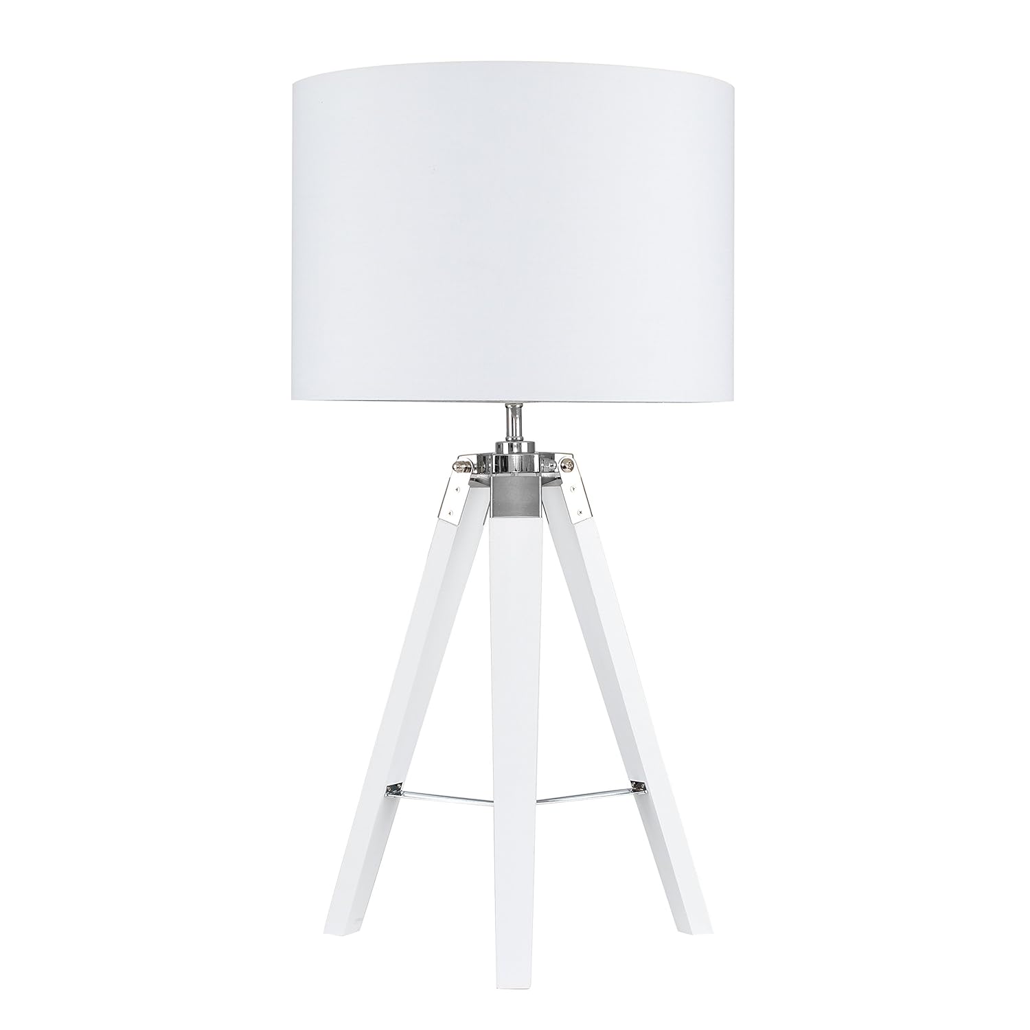 Modern White Wood and Silver Chrome Tripod Table Lamp with a White