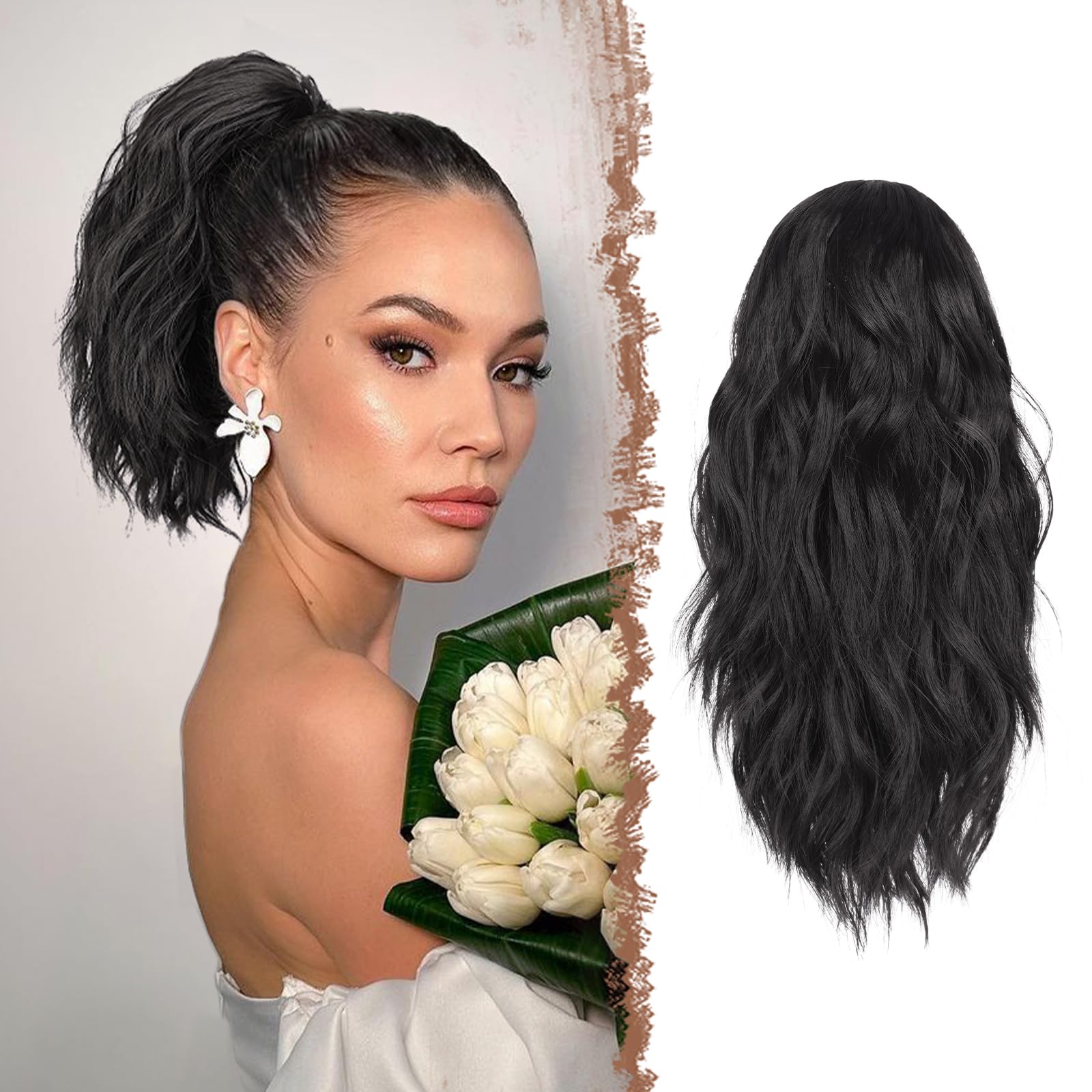 Photo 1 of FESHFEN Ponytail Extensions - Drawstring Ponytails Hair Extension Short Curly Wavy Hair Piece Synthetic Brown Pony Tail Hairpieces for Women, Black Brown 12 inch