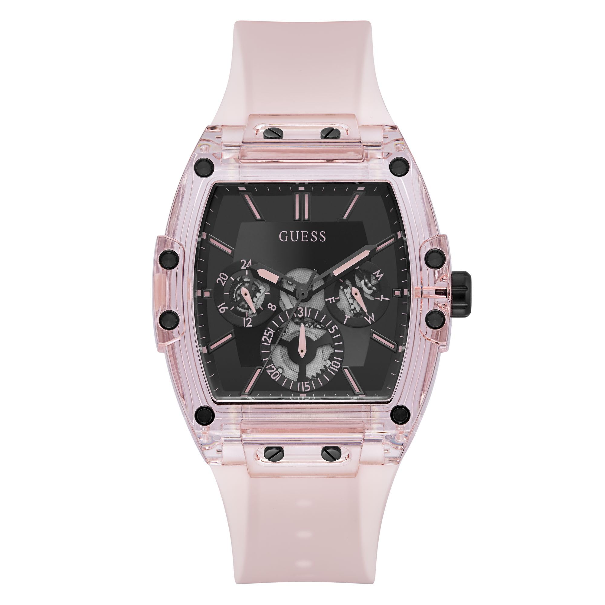 Guess Men's 43mm Watch - Pink Strap Black Dial Pink Case Image