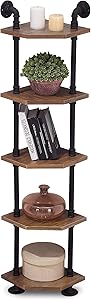Ivinta Industrial Wall Mount Pipe Shelves, 5-Tier Corner Shelf with Solid Wood, Corner Bookshelf Display Stand,Metal Standing Bookcase (5-Tier)