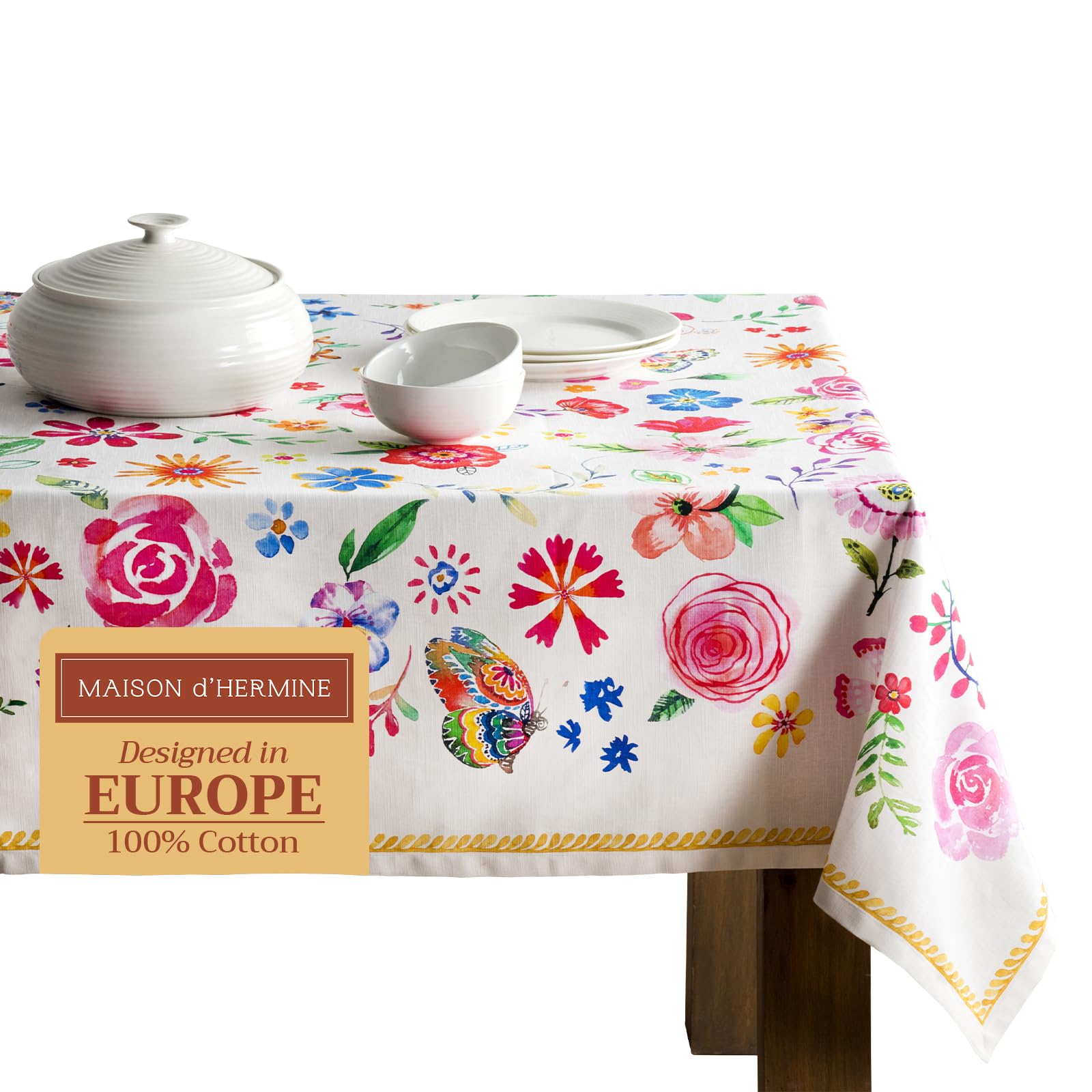 Maison d' Hermine Table Cloth Rectangle Table 100% Cotton 230 cm x 140 cm Tablecloth Reusable Everyday Use for Dining Farmhouse Home Party Festive Gifts for Mothers Day (Happy Florals - Sweety)