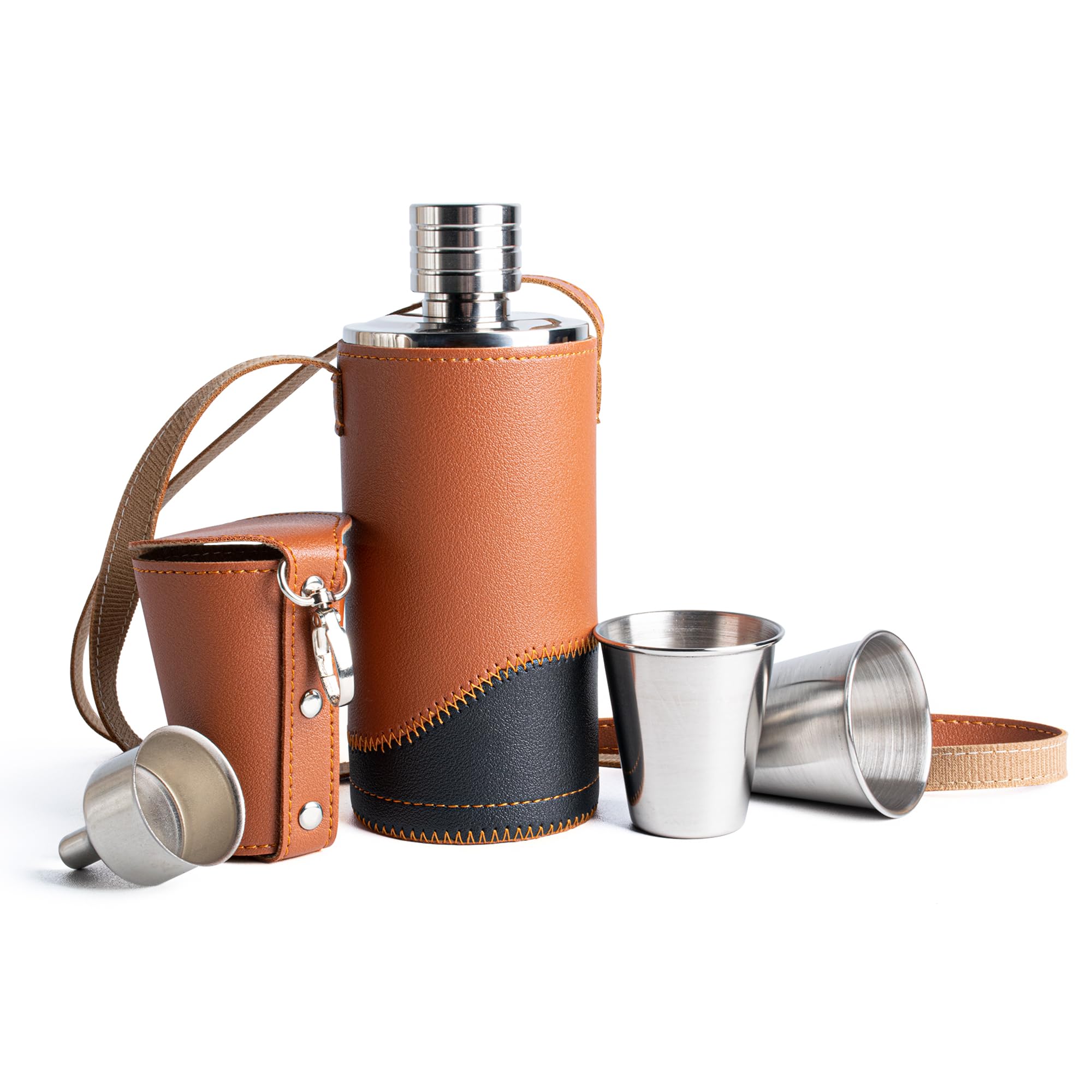 SPDYCESS PU Leather Travel Hip Flask 500ml Portable Bottle Set with Funnel and Cups for Men Stainless Steel Flask for Golf Camping Fishing Hunting
