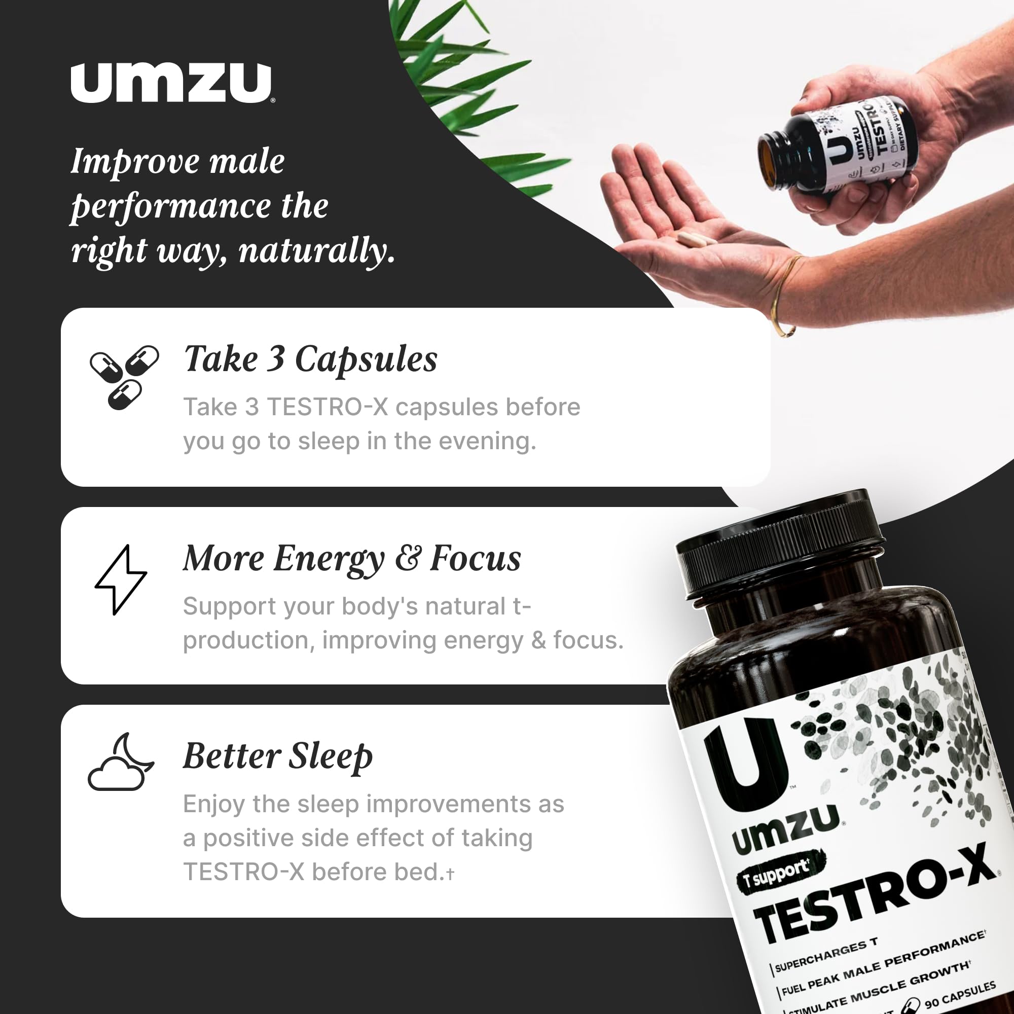 UMZU Testro-X Supplement for Men - Support Energy, Focus, Muscle Pumps, & Healthy T Levels (30 Day Supply | 90 Capsules)