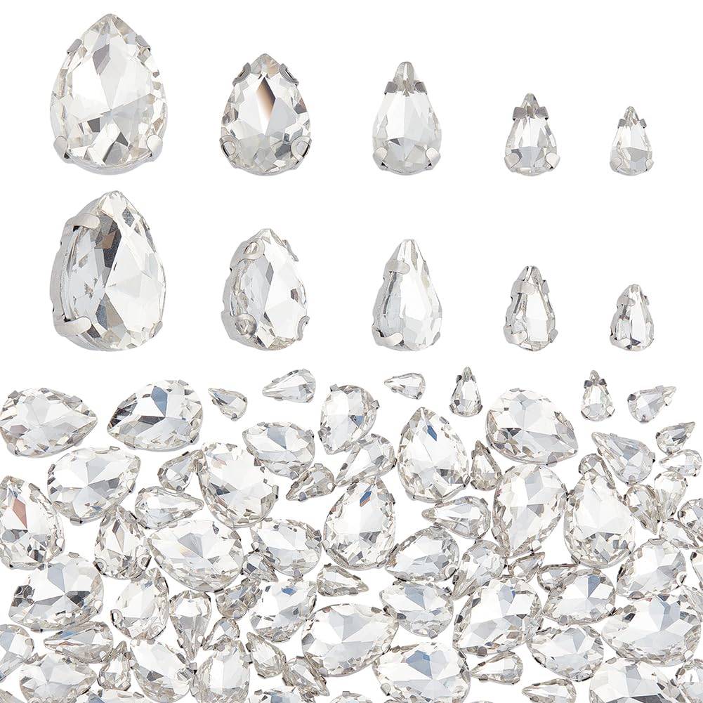 OLYCRAFT 100pcs Sew On Rhinestones Teardrop Sewing Clear Glass with Platinum Plated Prongs Cup Mixed Size Flatback Claw Rhinestones for Jewelry, Costume, Dress and Shoes