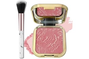 Baked Blush, Single Rose Pink Marbleized Blusher for Cheeks, Matte Silky Smooth Powder Blushes with Mirror & Brush,Lightweigh