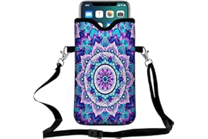 ZELANO Phone Sleeve for Men Women Neoprene Phone Bag Phone Pouch Case with Crossbody Strap/Neck Lanyard for iPhone 15/14, Samsung S24+(Purple Mandala Flower)