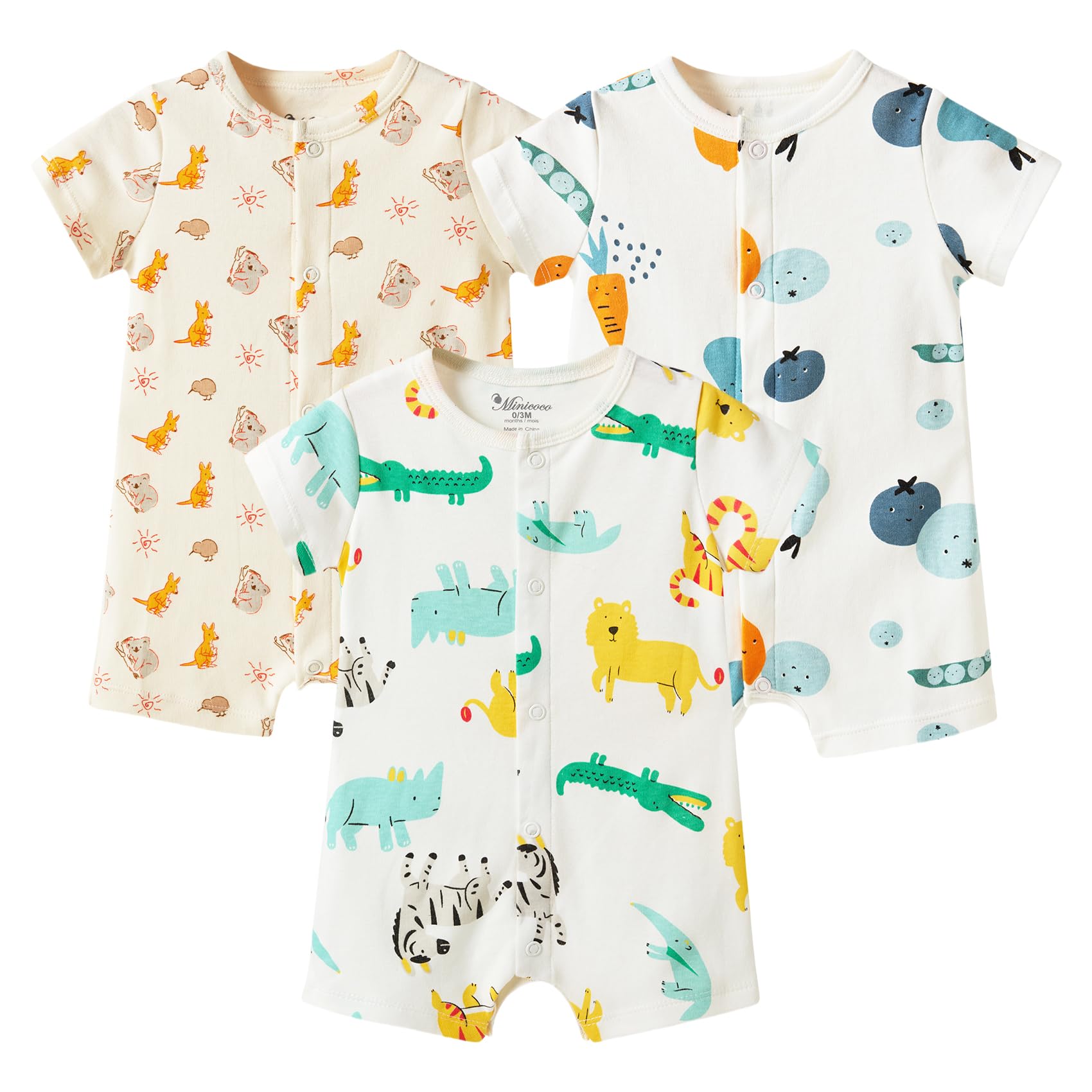 Photo 1 of 6/9m   Minicoco Baby Boy 3-Pack 100% Cotton Short Sleeve Rompers-Breathable One-Piece Jumpsuits with Animal Themes for Spring/Summer