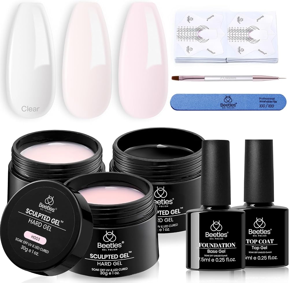 Beetles Builder Gel for Nails, 3 Colors 9 in 1 Clear Nude Pink Hard Gel | for Nail Extension Sculpting Building, with Base To