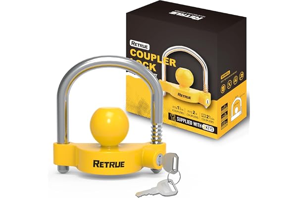RETRUE Universal Coupler Lock Trailer Locks Ball Hitch Trailer Hitch Lock Adjustable Security Heavy-Duty Steel Fits 1-7/8 Inch, 2 Inch, 2-5/16 Inch Couplers, Bright Yellow, Light Weight