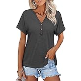 TICTICMISS Womens Short Sleeve Shirts V Neck Summer Tops Casual T Shirts Basic Buttons Tees Loose