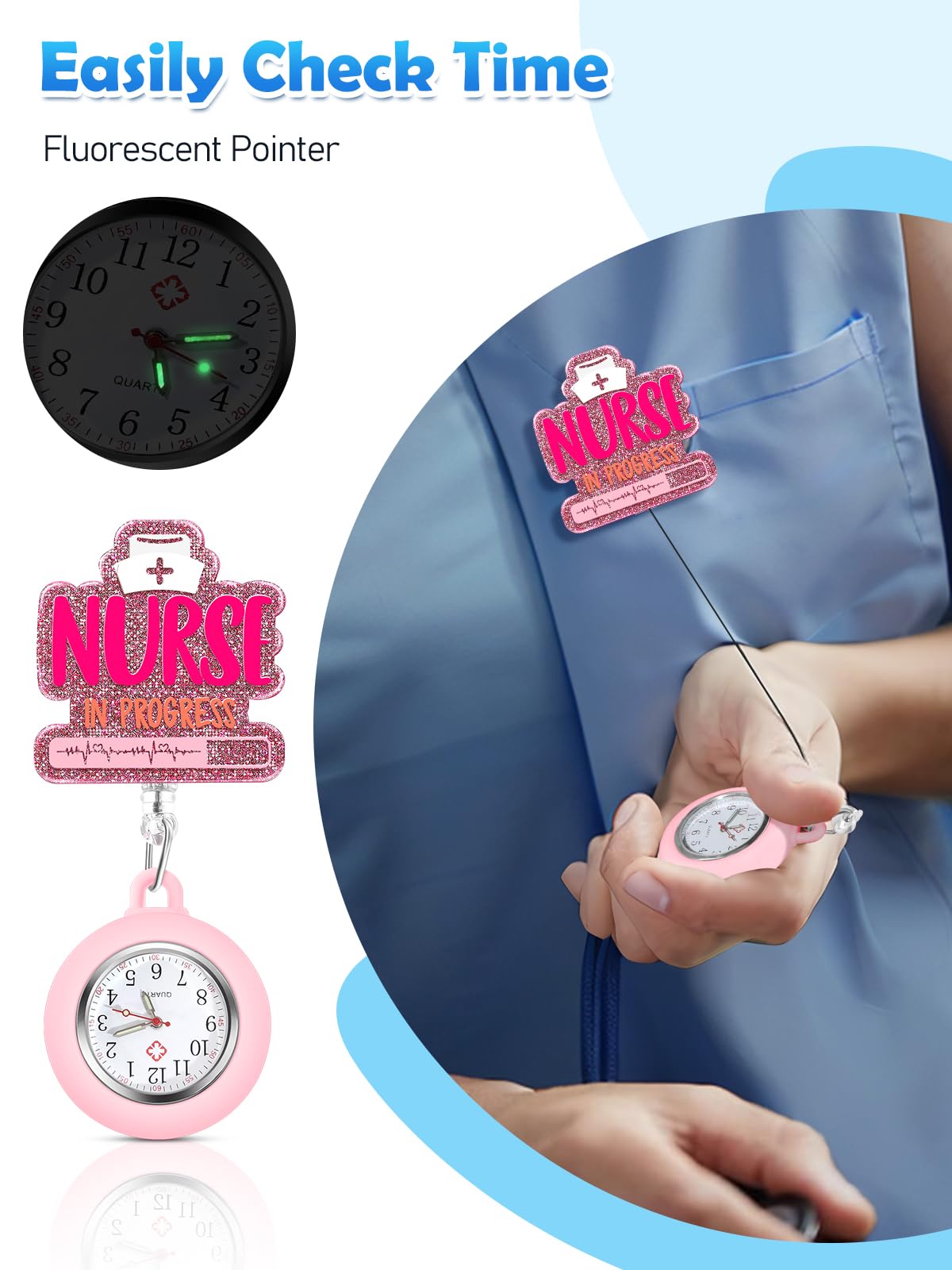 Plifal Nurse Pocket Watch Nursing Badge Fob with Second Hand - Retractable Clip On Clock with Secondhand for Medical Staff Women Men