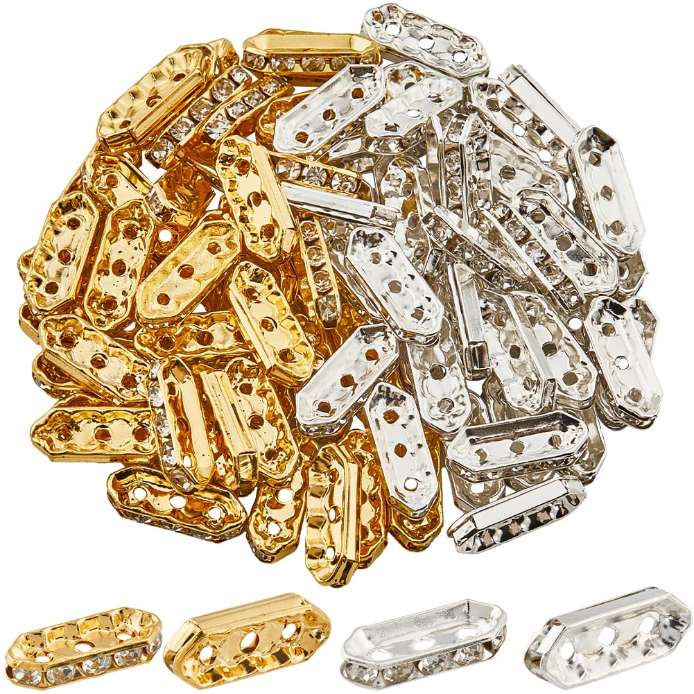 SUNNYCLUE 1 Box 100Pcs Rhinestone Spacer Beads 3 Hole Bead Connector Bulk Sliver Gold Oval Alloy Metal Bar Link Rectangular Beads for Jewellery Making Supplies DIY Multi Strand Craft Necklace Bracelet
