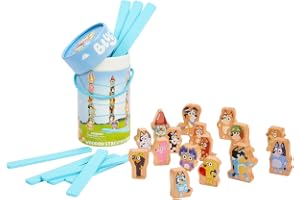 BLUEY – Wooden Stacking Game – 25 Build and Balance Pieces with Characters and Sticks in a Storage Tube – FSC Certified for C