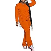 PINSV Womens 2 Piece Outfits Casual Sets Long Sleeve Top and Flare Pants Lounge Sets Tracksuit