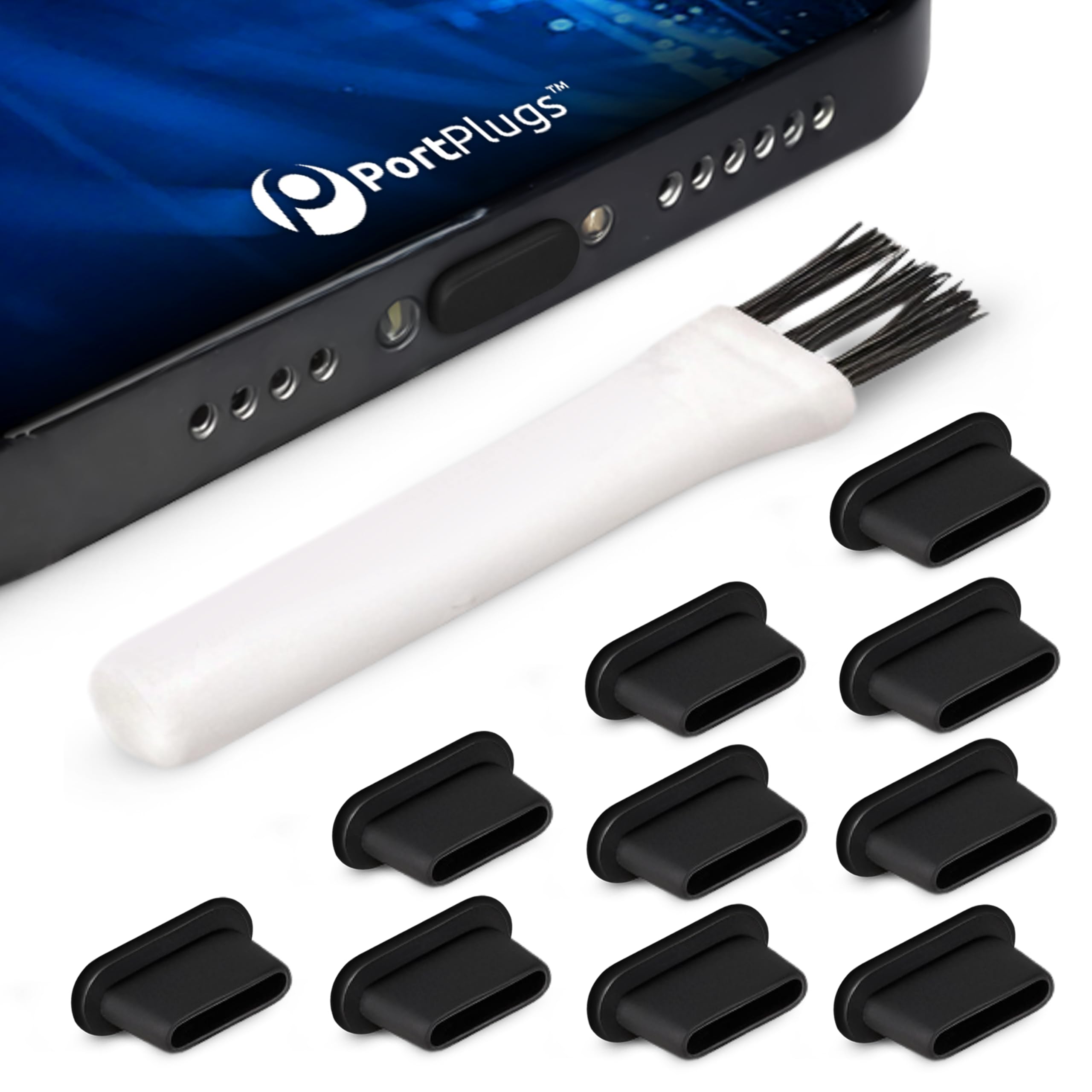 PortPlugs USB C Dust Plug Cover – for iPhone 17, 16, 15, Galaxy S24–S8, Kindle, Pixel, Steam Deck, iPad & Type-C Devices – Charger Cover, USB Port Protector, Brush | Black (10-Pack)
