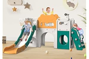 Babytronic Toddler Slide Set, 8 in 1 Kids Indoor Slide for Toddler 1-3, Indoor Outdoor Toddler Playground with Basketball Hoop and Telescope, Baby Slide Toddler Indoor Slide Playset (Green&Yellow)