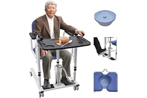 DEROANKE Portable Lift Transfer Chair, 330.7 LBS Hydraulic Patient Lift for Home, Portable Transport Wheelchair, with 180° Split Seat and Potty, Dining Table, Transfer Lift Aid, Height Adjustable (Blue)