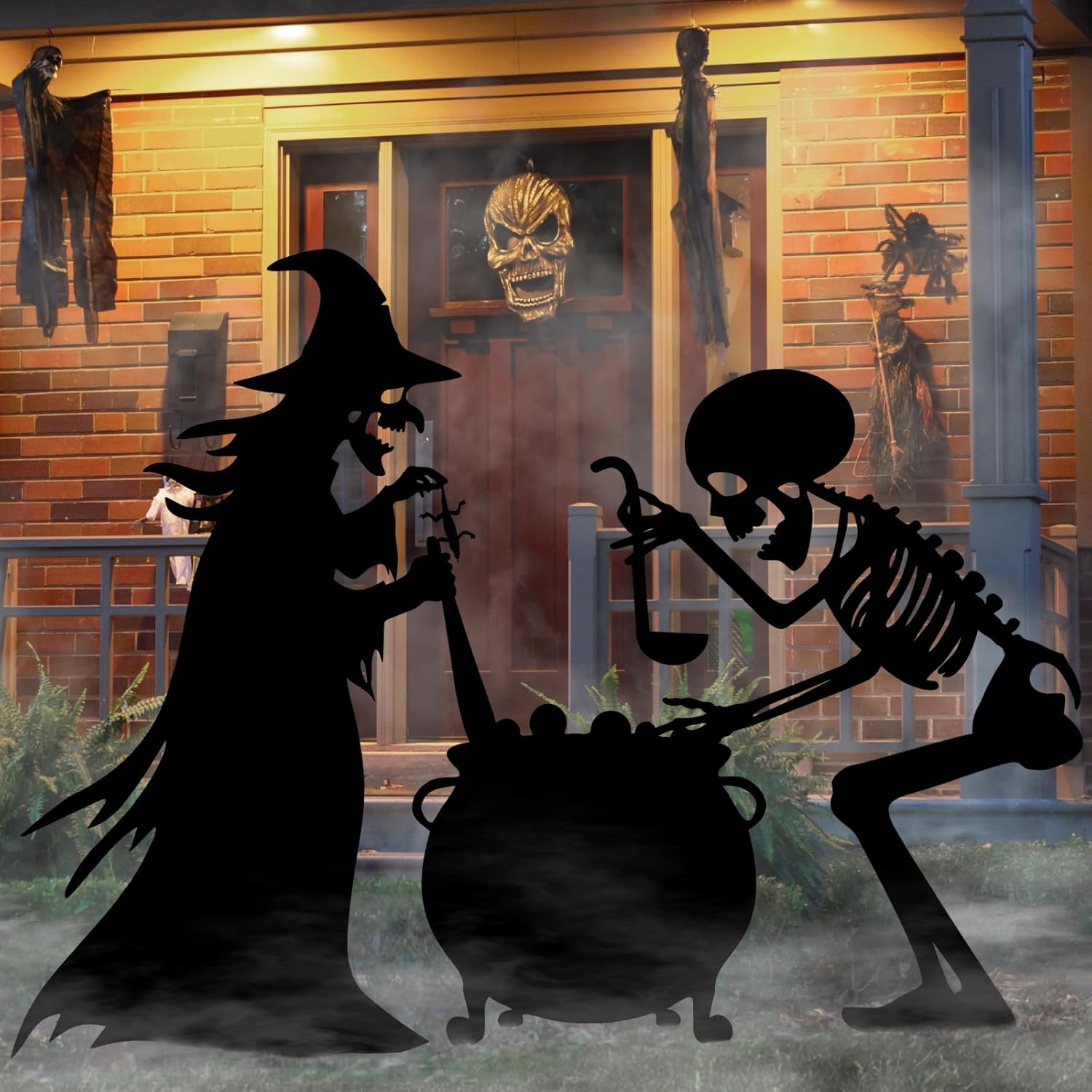 Decorative Garden Stakes - Witch Halloween Decorations Outdoor, 3 Pcs Metal Witches Skeleton with Cauldron Scary Silhouette Waterproof Halloween Yard Stakes for Lawn Pathway Party Courtyard Garden Decor