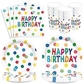 96pcs Happy Birthday Party Plates and Napkins Polka Dots Birthday Party Supplies Colorful Dots Paper Cup Party Supplies for Girls Boys Serve 24 Guests