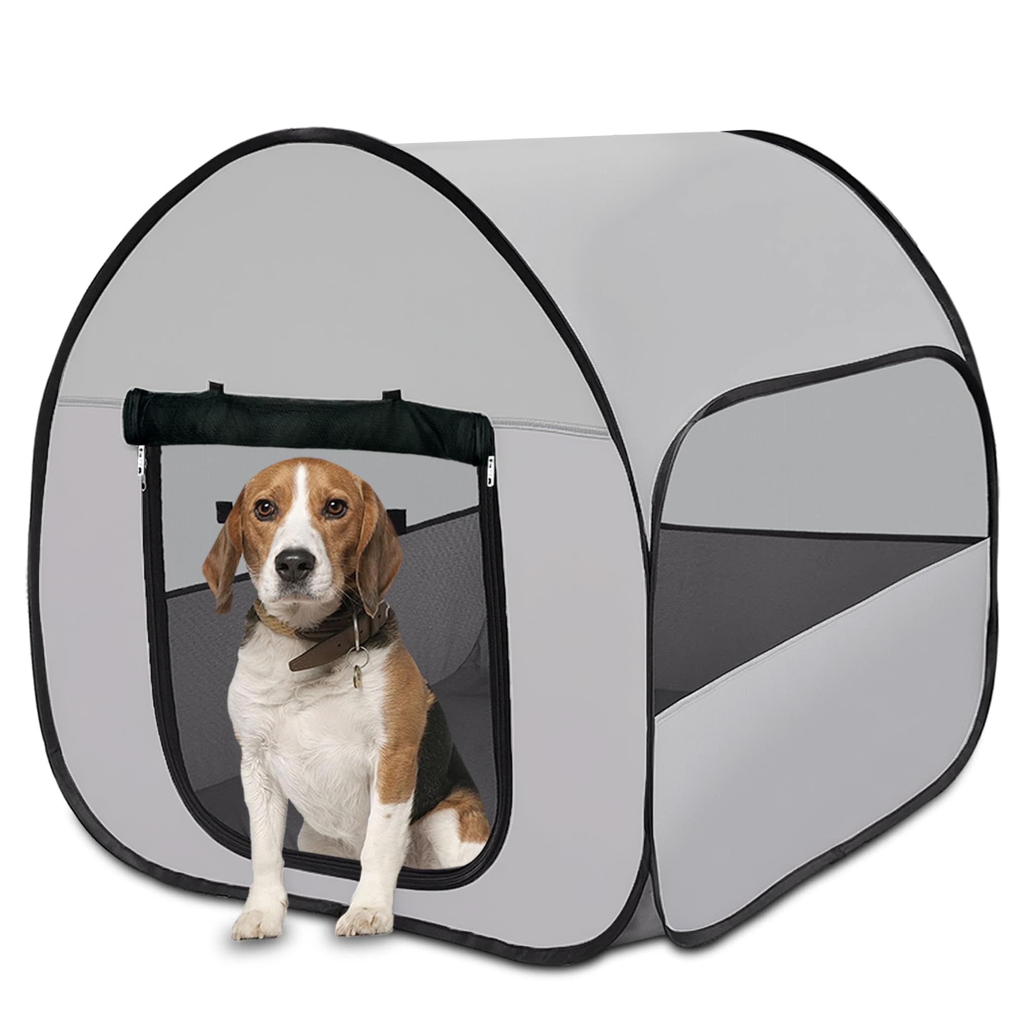 Photo 1 of LUCKITTY Pop-Up Dog Kennel Enclosure Large - Portable Outdoor Pet Crate with Carry Bag, Waterproof Travel Carrier for Car, Camping Home, Grey