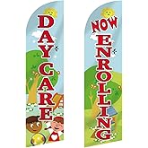 Mindsoft 2 Pcs Now Enrolling Day Care Feather Flag 3 ft x 11.5 ft Heavy Duty Swooper Flag Weatherproof Polyester Now Open Banner Marketing Sign for Schools Child Care Business Advertising(No Flagpole)
