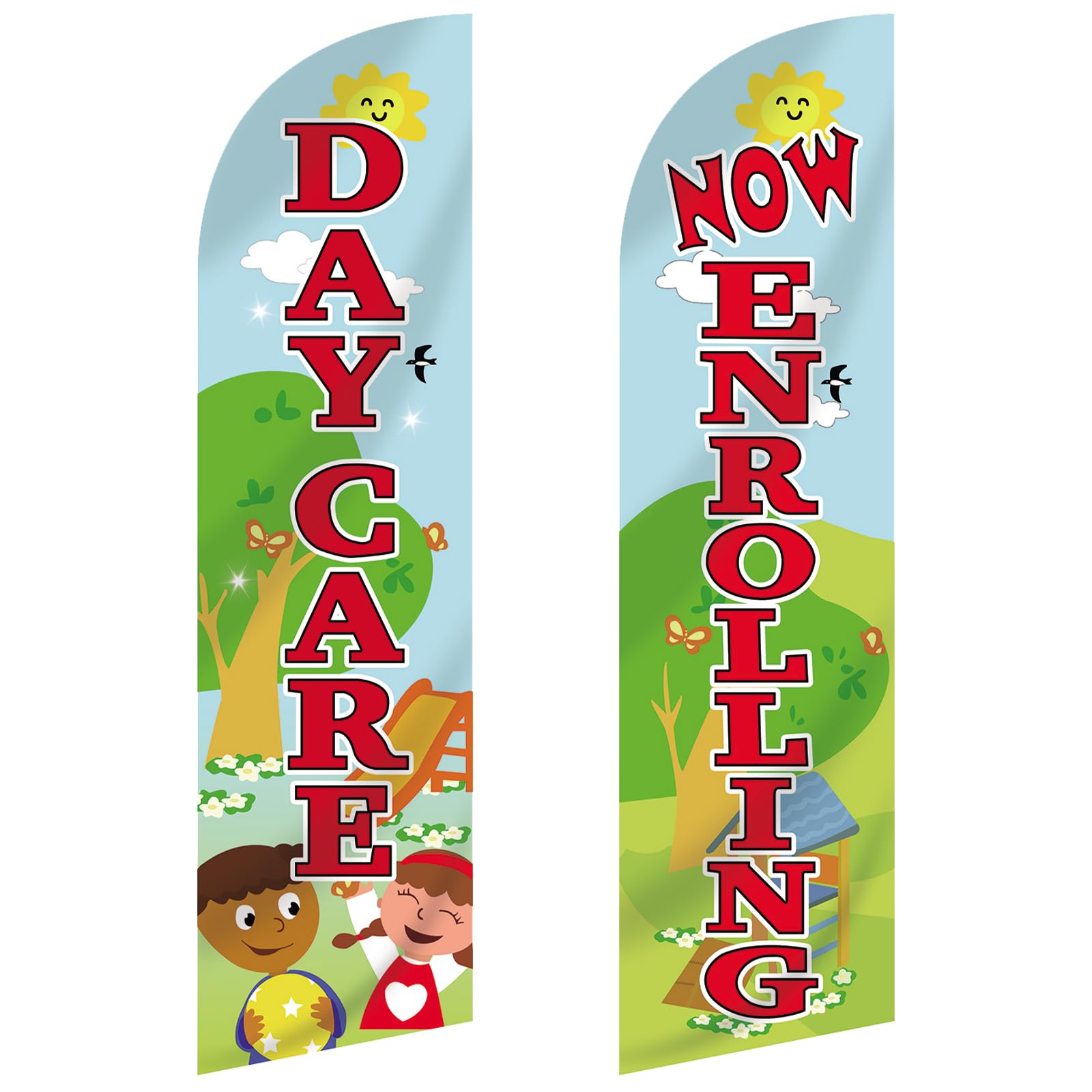 Photo 1 of Mindsoft 2 Pcs Now Enrolling Day Care Feather Flag 3 ft x 11.5 ft Heavy Duty Daycare Swooper Flag Weatherproof Polyester Now Open Banner Marketing Sign for Schools Child Care Business Advertising