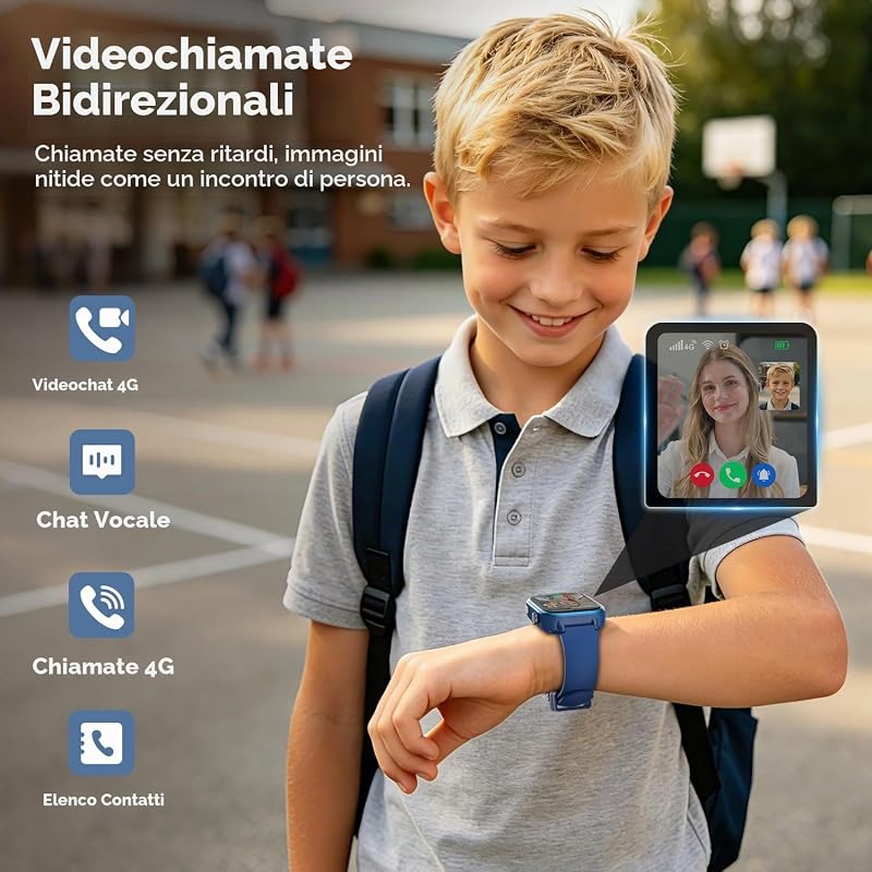 Nuovo 4G Smartwatch Bambini con Videochiamate & GPS, IP68 Impermeabile Smart Watch con SOS SMS Chat Vocale Modalità Scuola, Contapassi, Sveglia Monitoraggio del Sonno Regalo per Bambini e Bambine Blu — foto 2 di 7