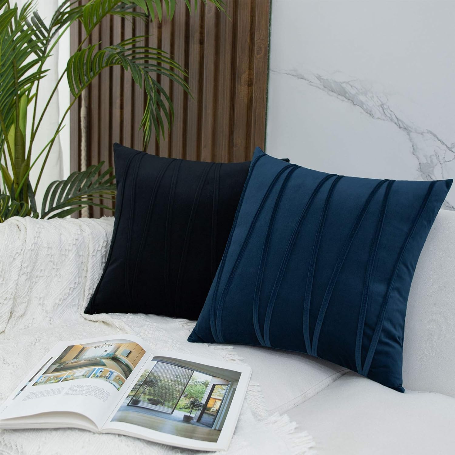JUSPURBET Decorative Velvet Throw Pillow Covers with Velvet Striped,Pack of 2 Cushion Covers for Sofa Couch Bed,20x20 Inches,Black: Home & Kitchen