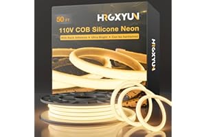HRGXYUN 110V COB LED Strip Lights, 15m/49ft Warm White LED Rope Light with Back Adhesive,Dimmable Silicone LED Neon Rope Light for Cabinet Home Office DIY Lighting Projects