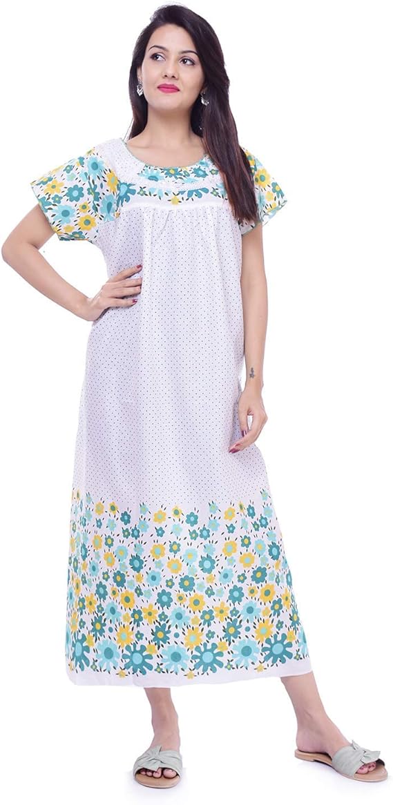 Indian Decor & Attire Cotton Flower Print Gown, Sleepwear, Nightwear, Maxi Soft and Stylish