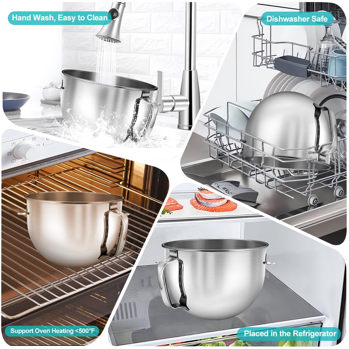 6 QT Stainless Steel Mixer Bowl & Mixer Bowl Lid Cover for KitchenAid Bowl-Lift Mixer, Kitchen Aid Mixing Bowl Replacement for 6 Quart Lift Mixer with Bigger Handle, Dishwasher Safe