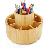 Utoplike Bamboo Rotating Art Supply Desk Organizer, Pencil Holder Desktop | Desktop Storage Caddy for Pen, Colored Pencil, Crayon, Paint Brushes, Art Studio &amp; Office