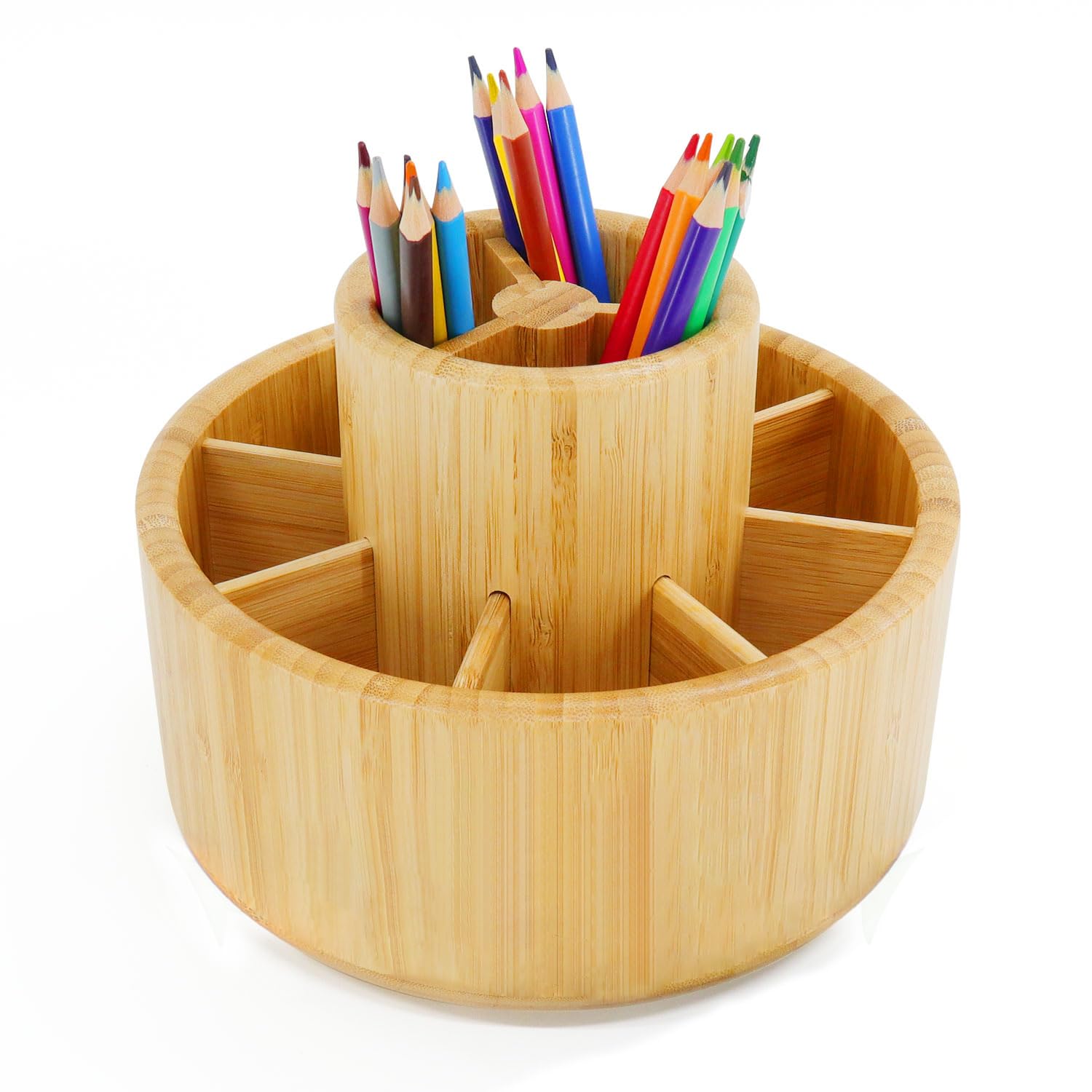 Utoplike Bamboo Rotating Pencil Holder, School Desk Art Supplies Organiser, Wooden Large Capacity Stationery Holder for crayons, paintbrushes, 360 degree rotatable pen organisation