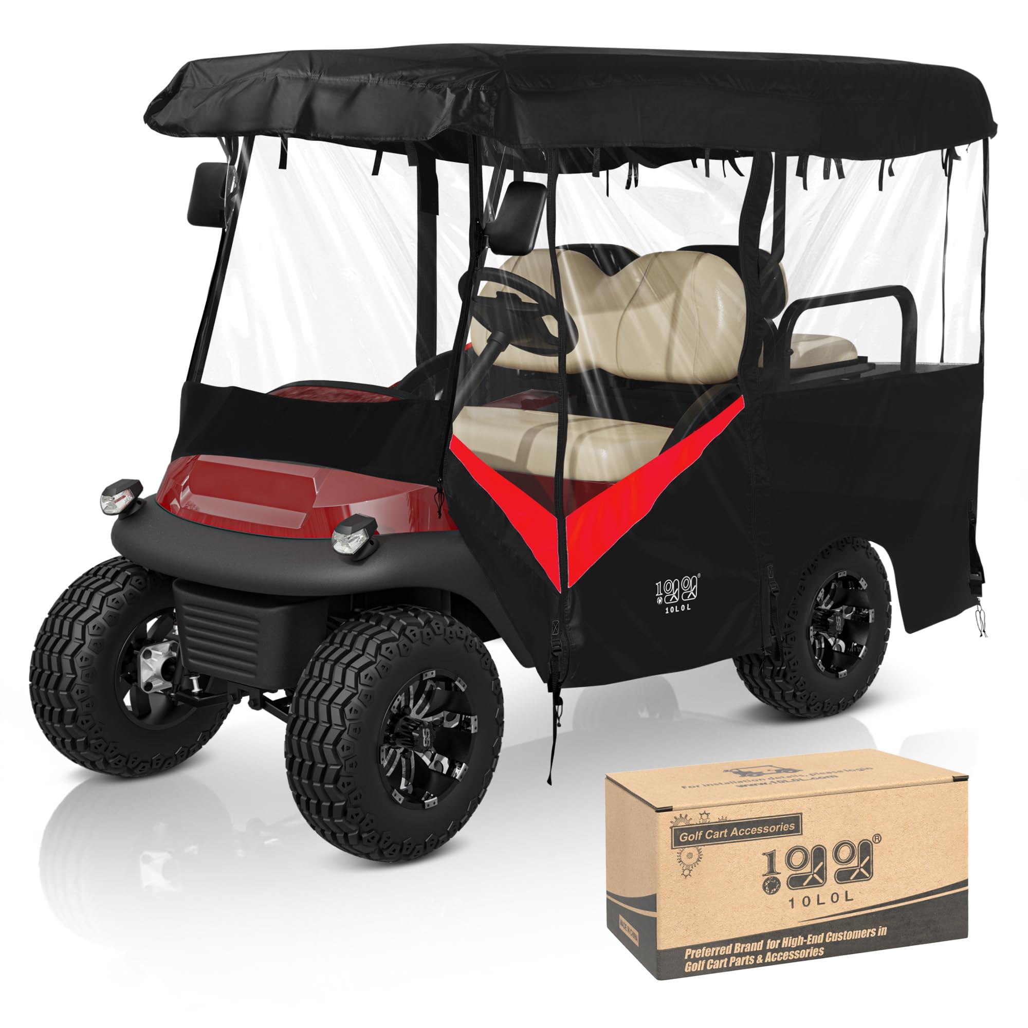 Photo 1 of 10L0L Universal Golf Cart Enclosure 86.6in 4 Passenger Fit for Yamaha Club Car EZGO TXT RXV, Waterproof Windproof Snowproof Portable Transparent 4 Sided Driving Cover (Red+Black)