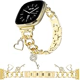 REALSIGN Stylish Metal Wristband Compatible with Fitbit Versa 3/Versa 4/Sense/Sense 2 Bands Women,Cuban Chain Band with Unique Charms Bling Love key Pendants Dressy Band Designer Strap