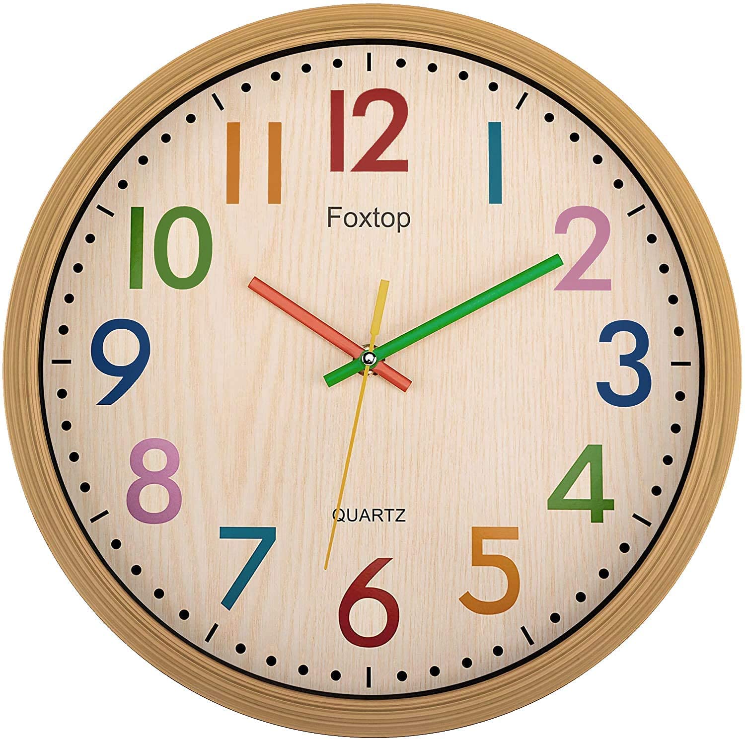 Foxtop Kids Learning Wall Clock Without Ticking Noises,12 Inch Analogue Children's Clock for Learning the Time,Easy Reading Children's Room Decoration Colourful Design