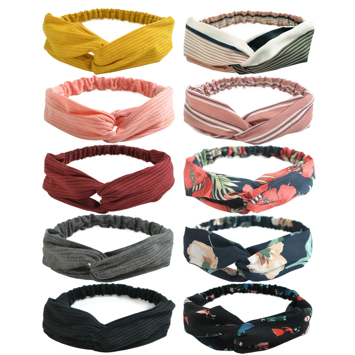 DRESHOW 10 Pack Boho Headbands for Women Vintage Flower Printed Criss Cross Knotted Elastic Hair Band Stretchy Head Wrap Twisted Cute Hair Accessories