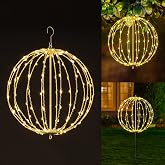 Christmas Ball Light Sphere, 16IN 128LED Hanging Tree Light and Pathway Lights with Hook and Stake, Foldable Metal Frame Light Ball for Outdoor Garden, UL Listed, White Frame, Warm White