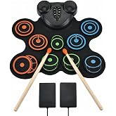 Portable 9-Pad Electronic Drum Set, Foldable Silicone Drum Pad, Rechargeable Drum Kit with Built-in Speaker, Headphone Jack, Foot Pedal, DTX Game for Beginner Kids Music Practice