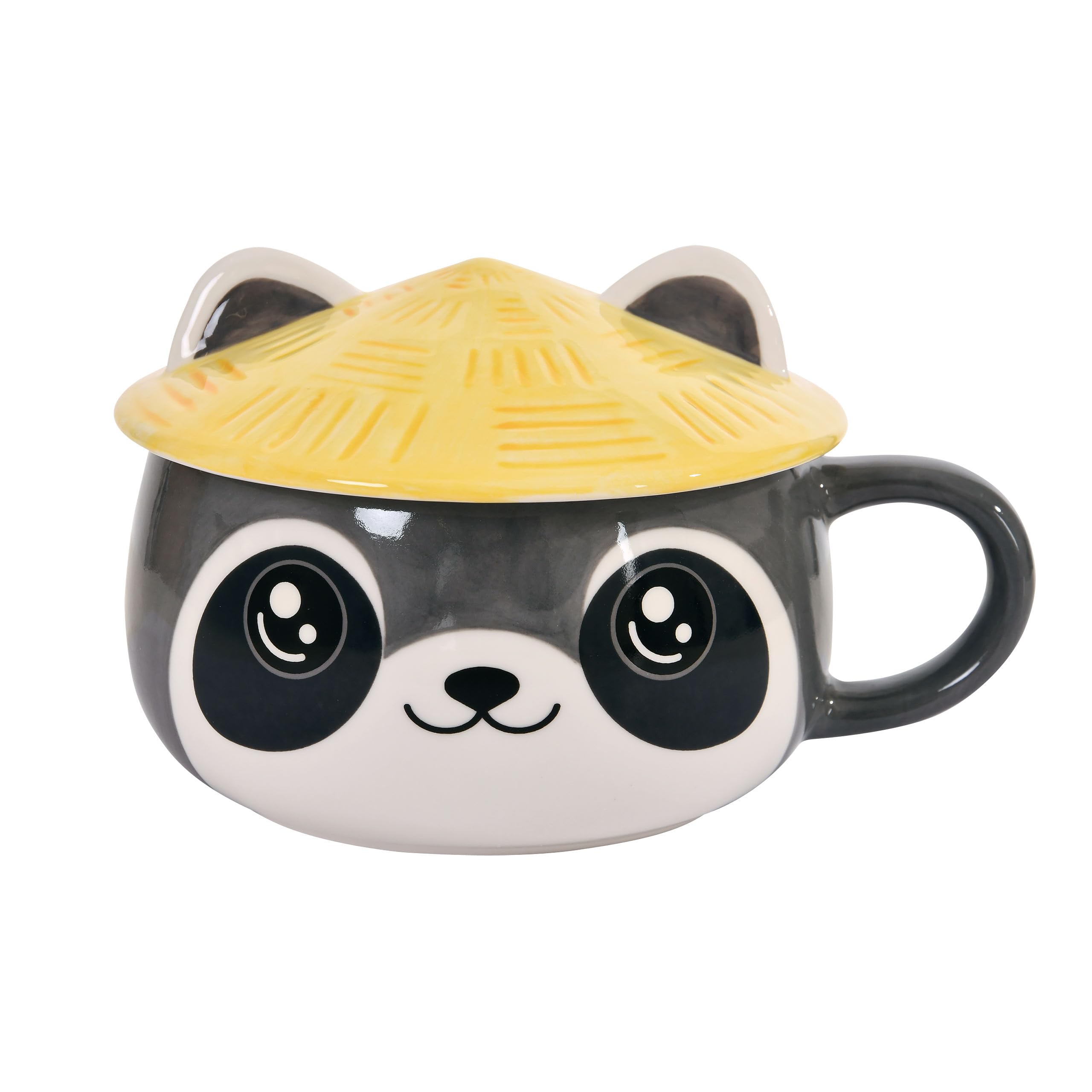 Elbenwald Mug Kawaii Raccoon Design with Lid - Capacity 450 ml, Height 9 cm (with Lid) - in Ceramic Grey for Anime Fans