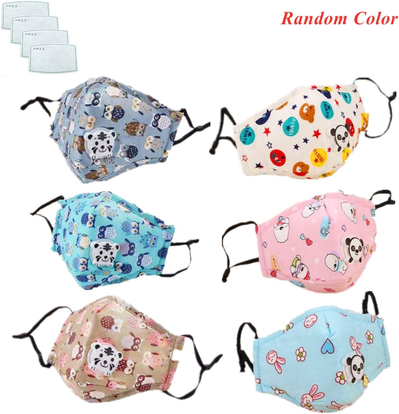 Cartoon Kids Mouth Mask, Premium Breathable Mask Cute Washable Cotton Mask with Activated Carbon Filters PM2.5 for Kids Outdoor(1pc Random Color Mask With 4Pcs Filter)