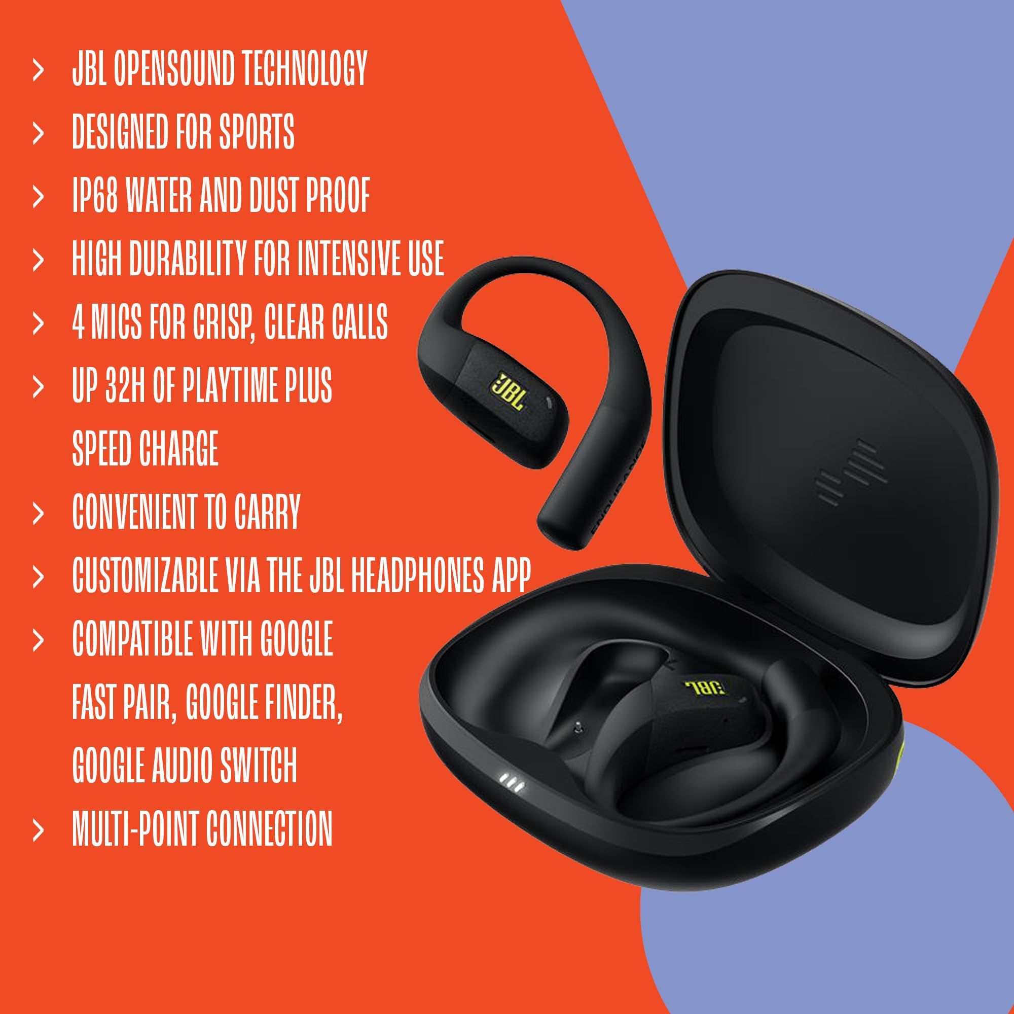 JBL Endurance Zone kabellose Open-Ear Sport-Kopfhörer mit Ohrbügel-Design, JBL OpenSound-Technologie, 32 Stunden Spielzeit, IP68 wasserdicht, Google Finder, JBL Headphones App, Schwarz/Grau 4