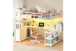 CSZZD Loft Bed Twin Size with U-Shaped Desk, Metal Twin Loft Bed Frame with Storage Upholstered Headboard & LED Lights, Bunk Loft Beds with Power Outlet, Loft Beds with 4 Storage Drawers, Guard & Ladder
