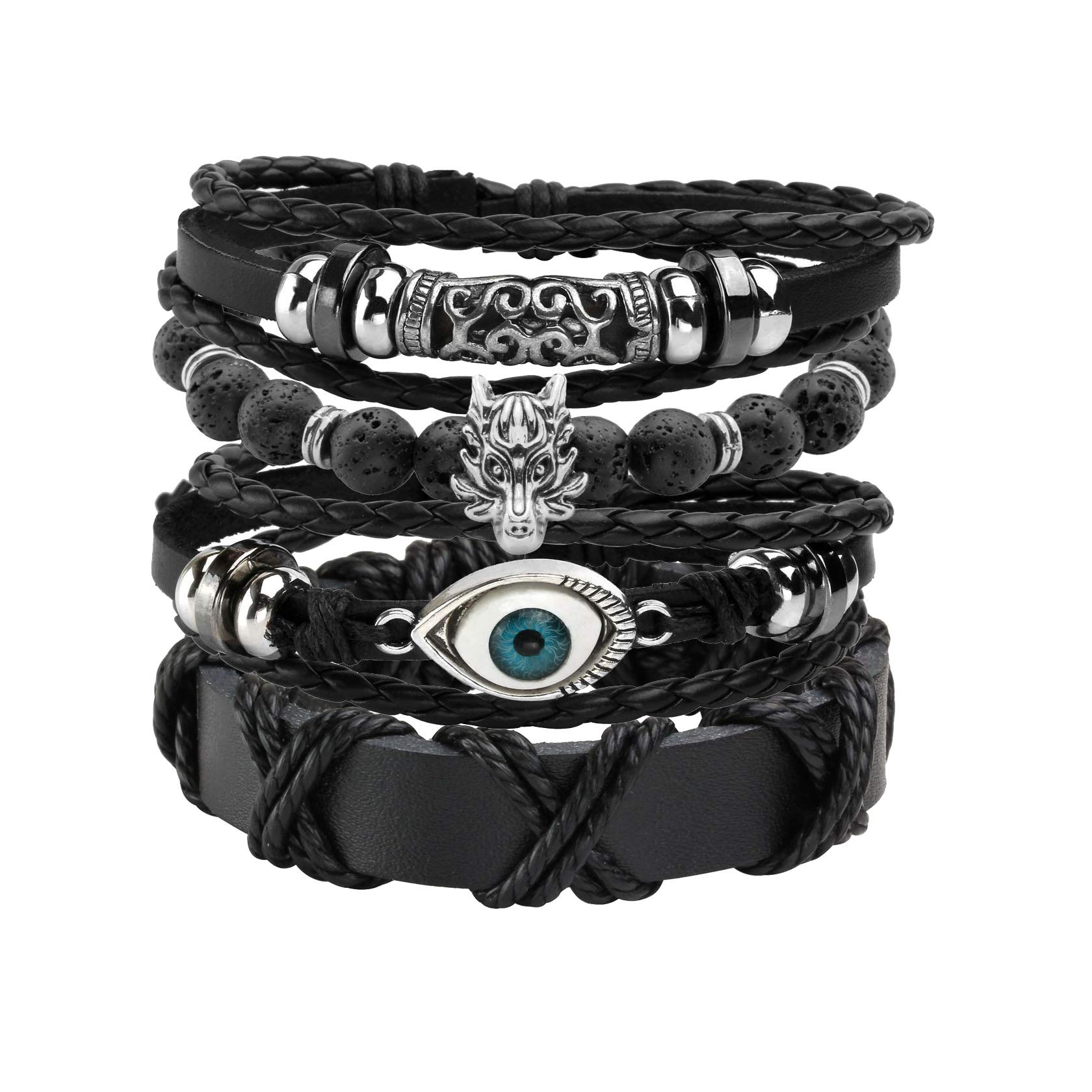 MILAKOO 4 Pcs Braided Leather Bracelet for Men Women Lava Rock Beads Bracelet 8mm