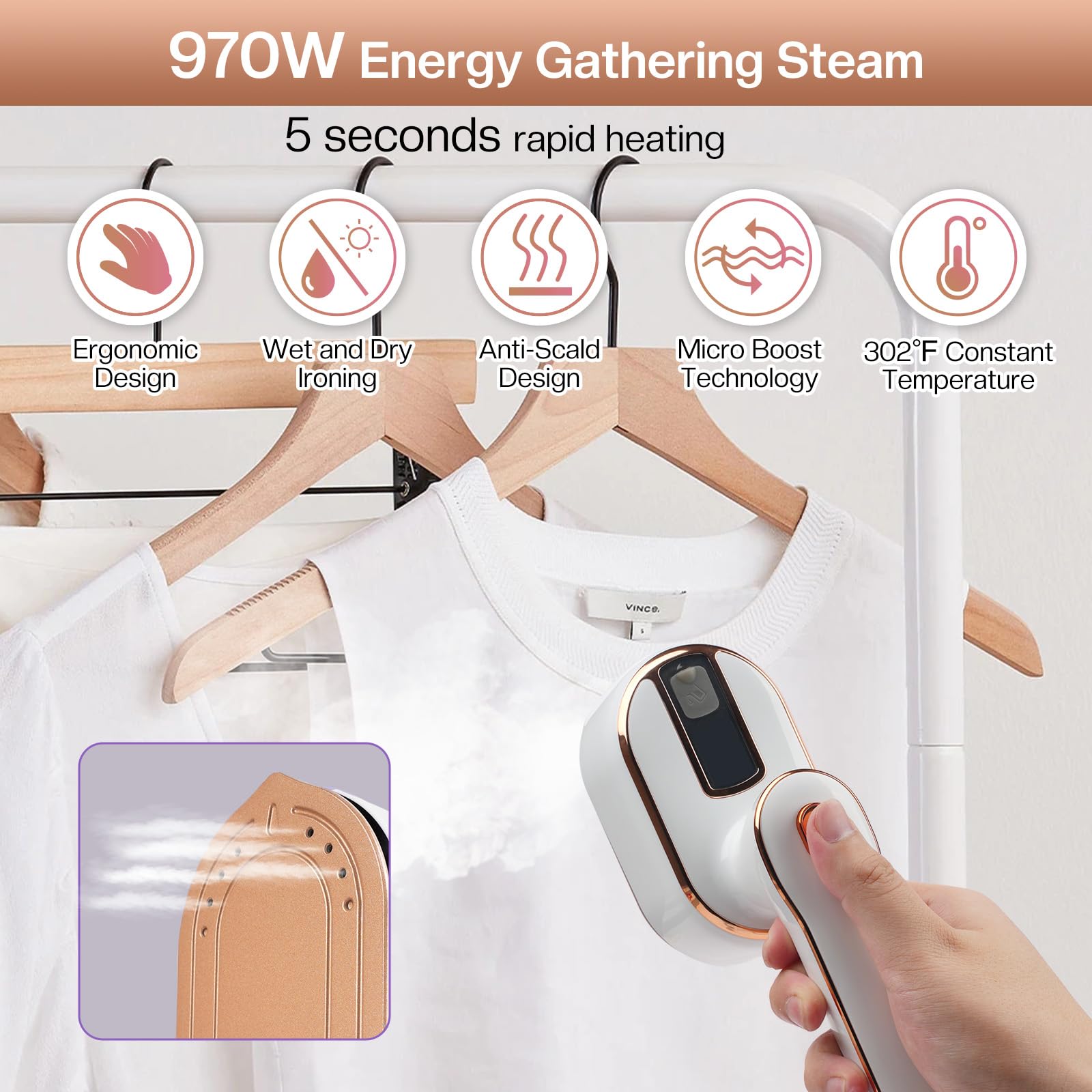Mini Steam Iron and Portable Steamer for Clothes, 970W Handheld Garment Steamer Iron for Home Travel (White)