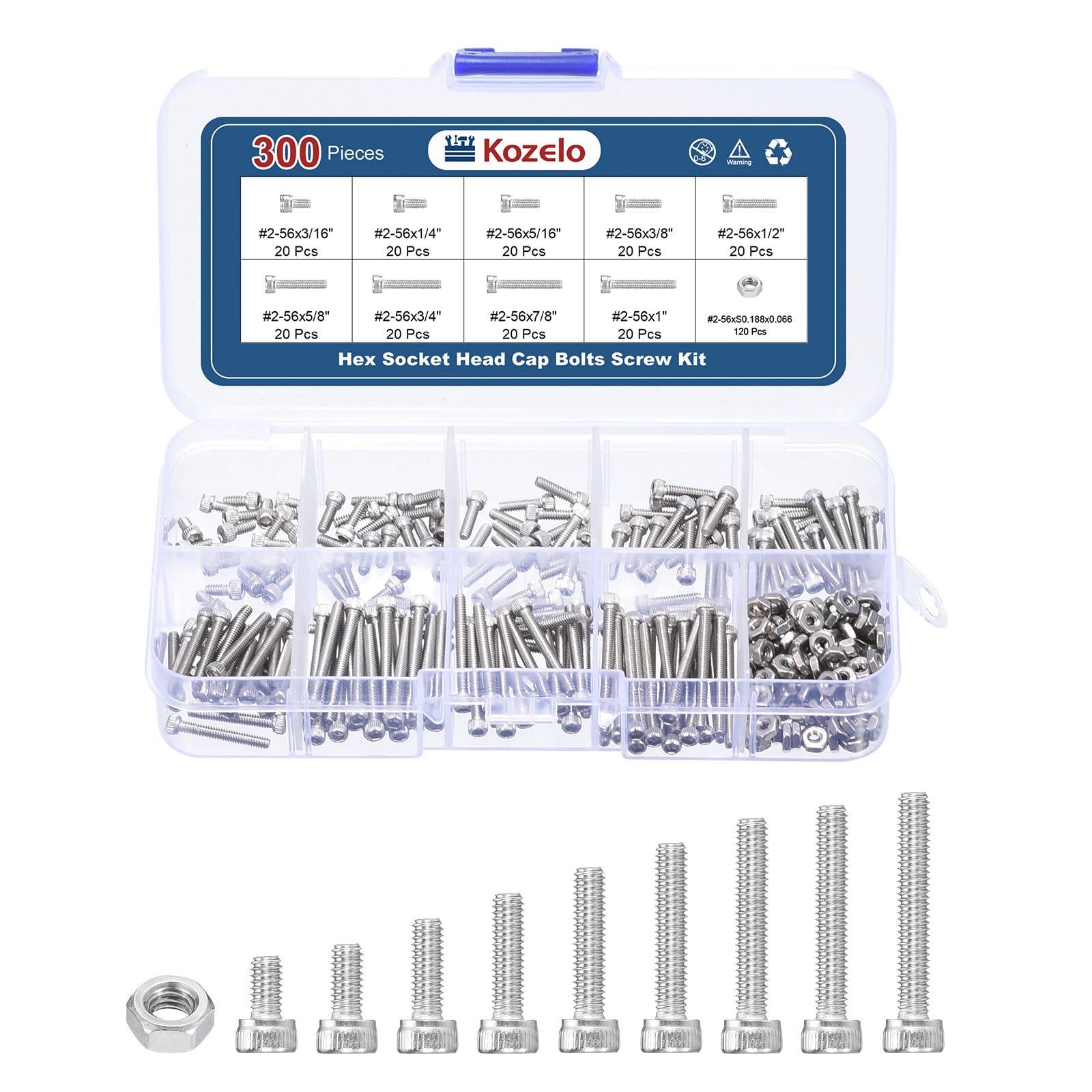 Kozelo 300pcs Socket Head Cap Screws Bolts Nuts Assortment Kit - [#2-56] 304 Stainless Steel Allen Socket Drive for 3D Printer